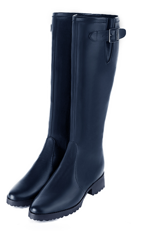 Navy blue women's knee-high boots with buckles. Round toe. Flat rubber soles. Made to measure. Front view - Florence KOOIJMAN